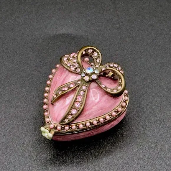 💖Luxury Pink Enamel Heart Trinket Box w/ Rhinestone Bow & Pearls Fabergé Style - Picture 1 of 8